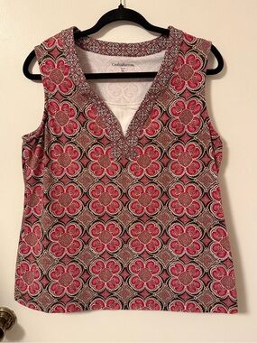 croft & barrow Red Pink Floral Medallion Print V-Neck Sleeveless Top